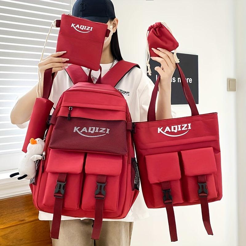 5Pcs Letter Graphic Flap Backpack Set Preppy Style School Bag
