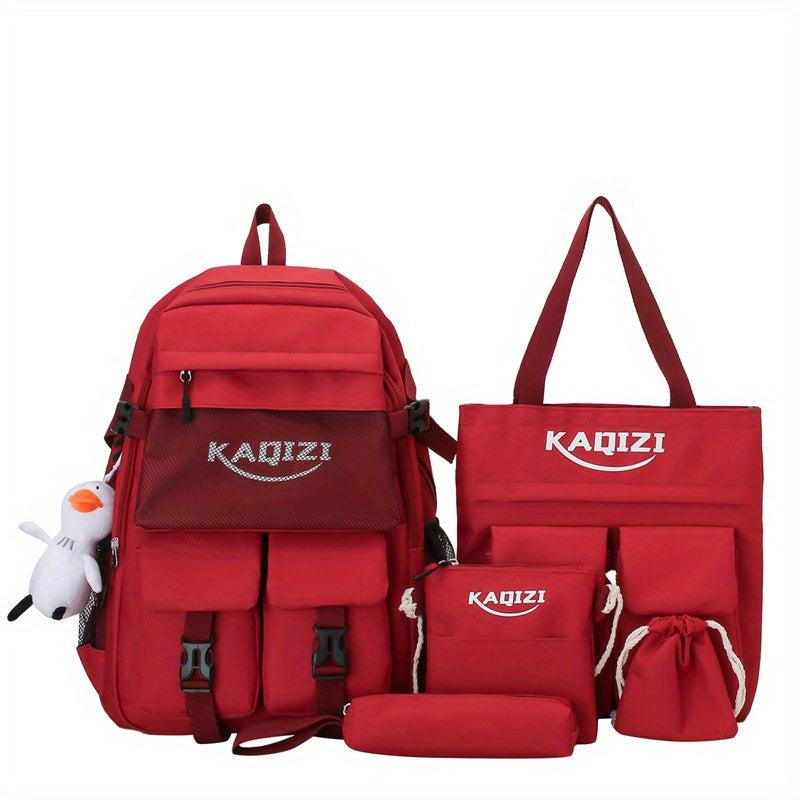 5Pcs Letter Graphic Flap Backpack Set Preppy Style School Bag