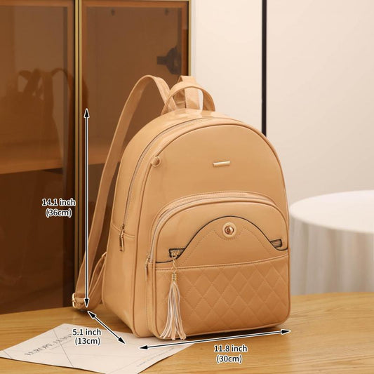 Plaid Tassel Large Capacity Backpack PU Leather School Travel Bag