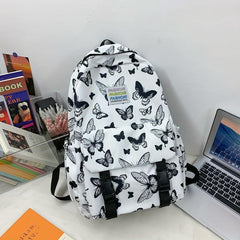 Butterfly Print Student Backpack Nylon School Bag Large Capacity Bookbag