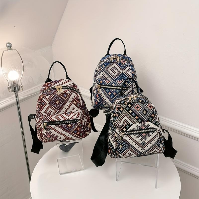 Mini Ethnic Style Canvas Backpack Geometric Pattern Schoolbag