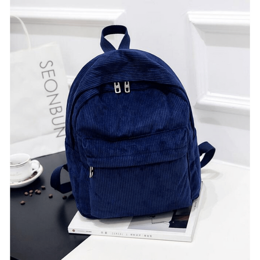 Solid Corduroy Zipper Backpack for School