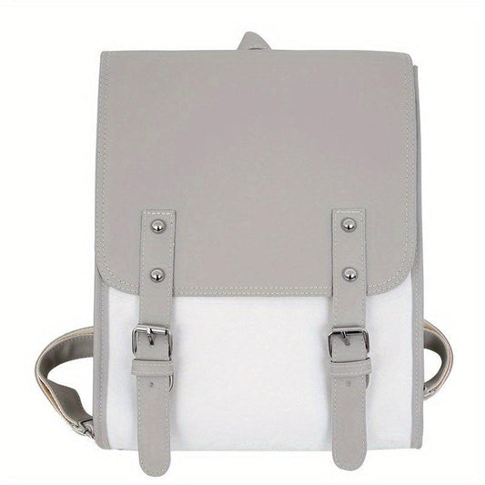 Vintage Style Flap Backpack Contrast PU Leather School Bag Buckle Decor