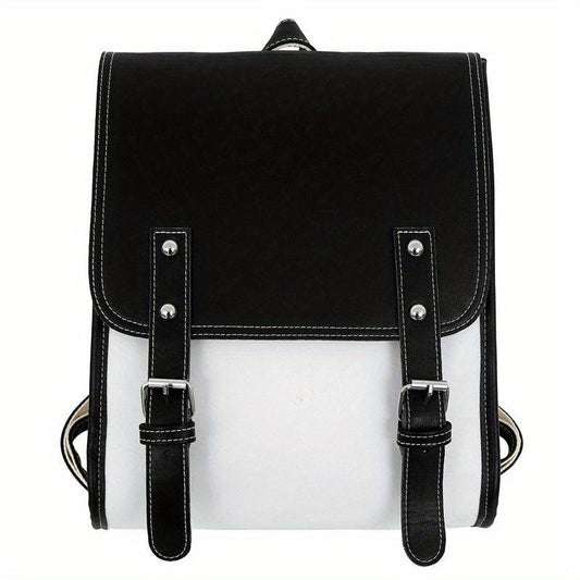 Vintage Style Flap Backpack Contrast PU Leather School Bag Buckle Decor