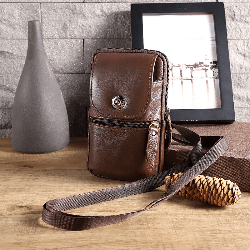 Brown Cowhide Belt Bag Fanny Pack Vertical Mobile Phone Coin Purse Card Case