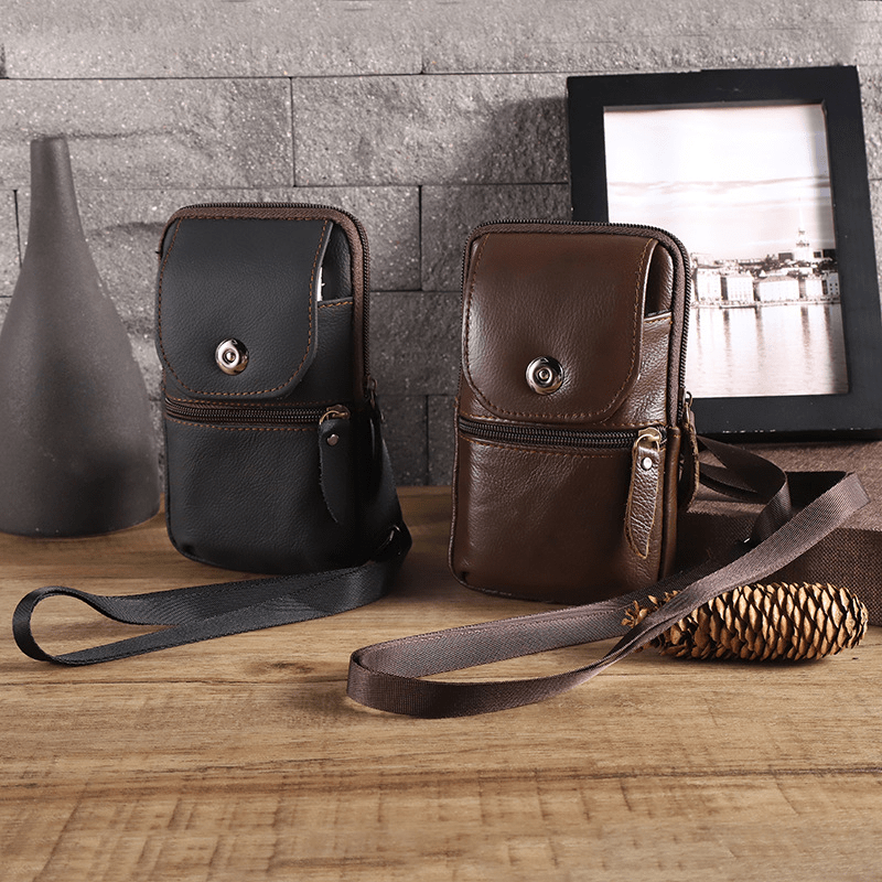 Brown Cowhide Belt Bag Fanny Pack Vertical Mobile Phone Coin Purse Card Case