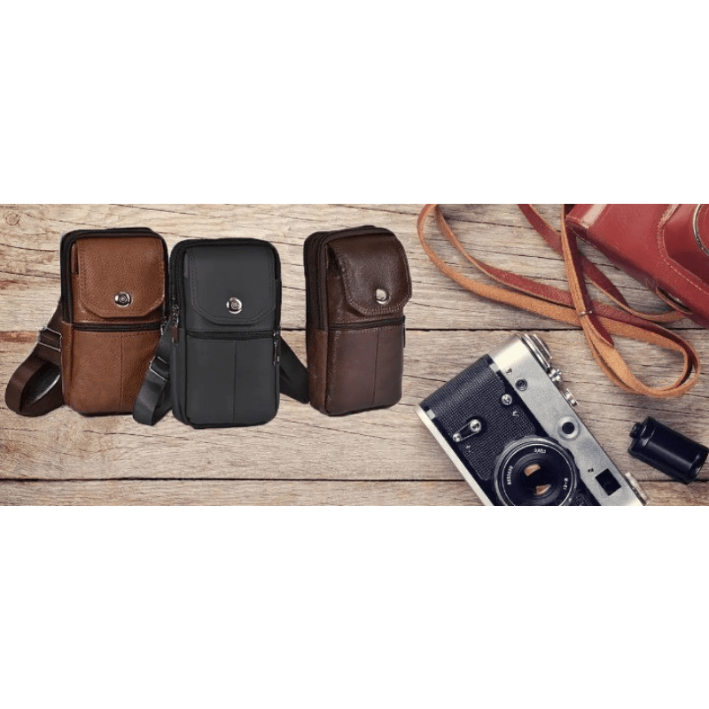Brown Cowhide Belt Bag Fanny Pack Vertical Mobile Phone Coin Purse Card Case