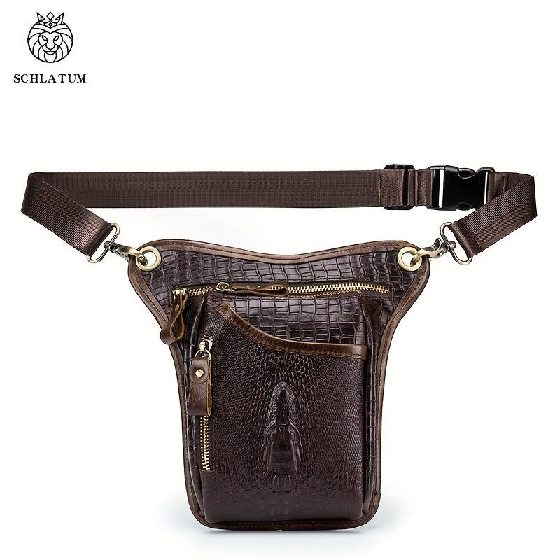 SCHLATUM Men's Leather Waist Bag Crocodile Embossed Leg Bag