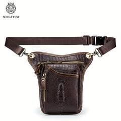 SCHLATUM Men's Leather Waist Bag Crocodile Embossed Leg Bag