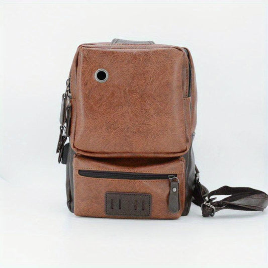 Men's Lightweight Brown PU Chest Bag with USB Port