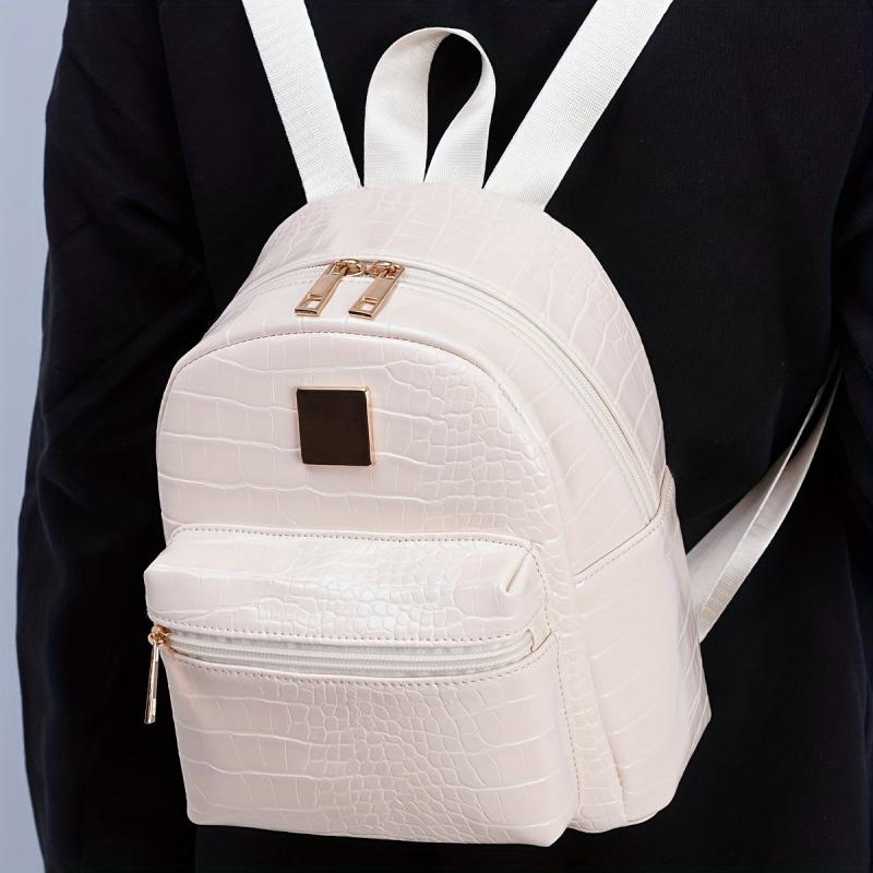 Crocodile Pattern Backpack PU Leather Textured School Travel Bag