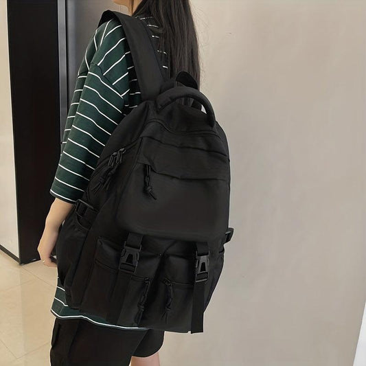 Large Capacity Nylon Flap Backpack Pocket Front Schoolbag
