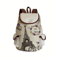 Cartoon Tower Print Drawstring Large Capacity Backpack
