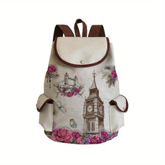 Cartoon Tower Print Drawstring Large Capacity Backpack