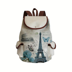 Cartoon Tower Print Drawstring Large Capacity Backpack