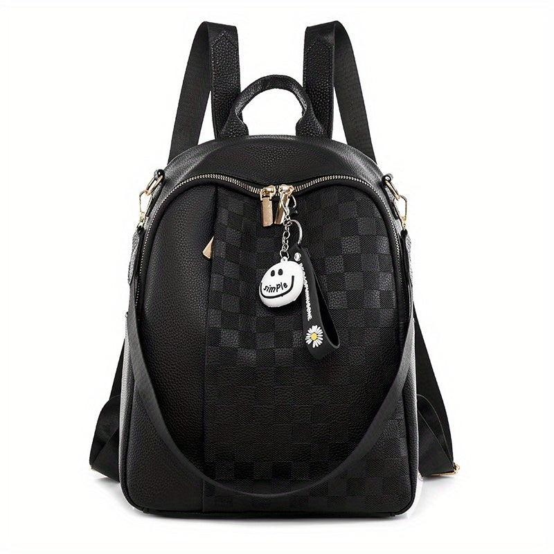 Colorblock Zipper Backpack PU Leather Casual Knapsack
