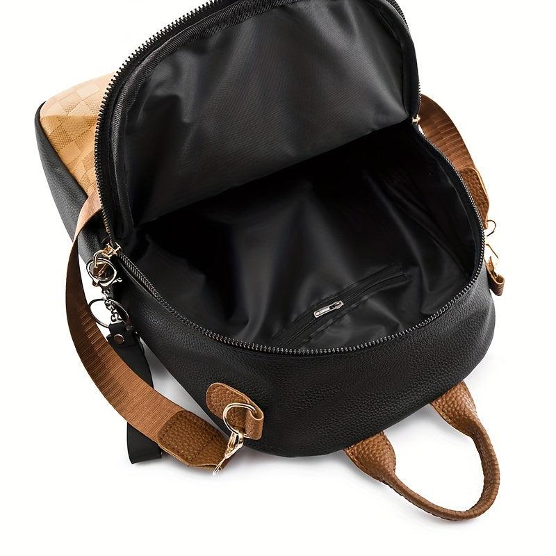 Colorblock Zipper Backpack PU Leather Casual Knapsack