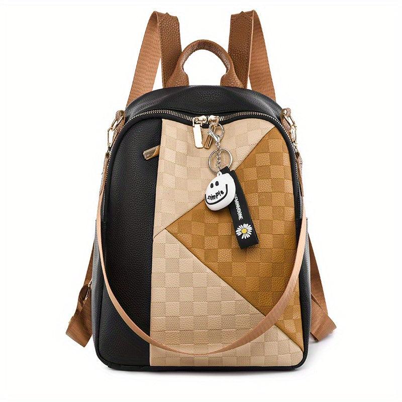 Colorblock Zipper Backpack PU Leather Casual Knapsack