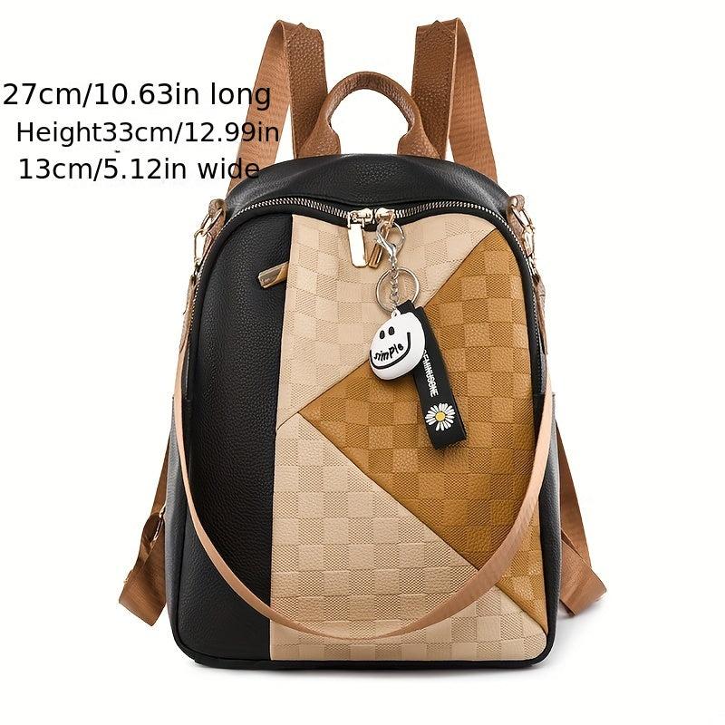 Colorblock Zipper Backpack PU Leather Casual Knapsack