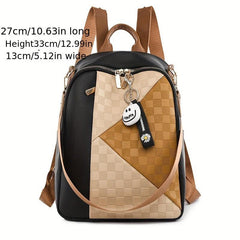 Colorblock Zipper Backpack PU Leather Casual Knapsack
