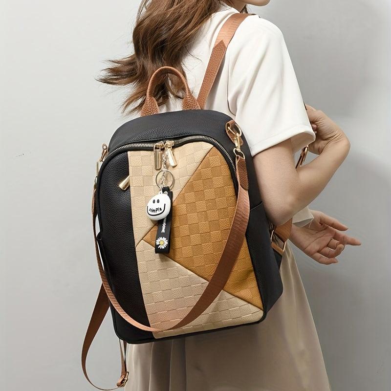 Colorblock Zipper Backpack PU Leather Casual Knapsack