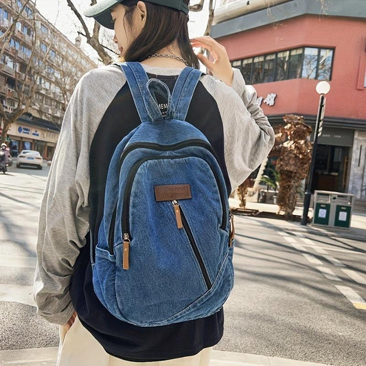 Vintage Denim Backpack Zipper Front School Bag Casual Large Capacity