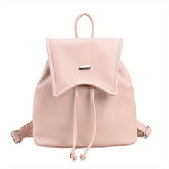 Stylish Drawstring Flap Backpack Litchi Embossed PU Leather School Bag