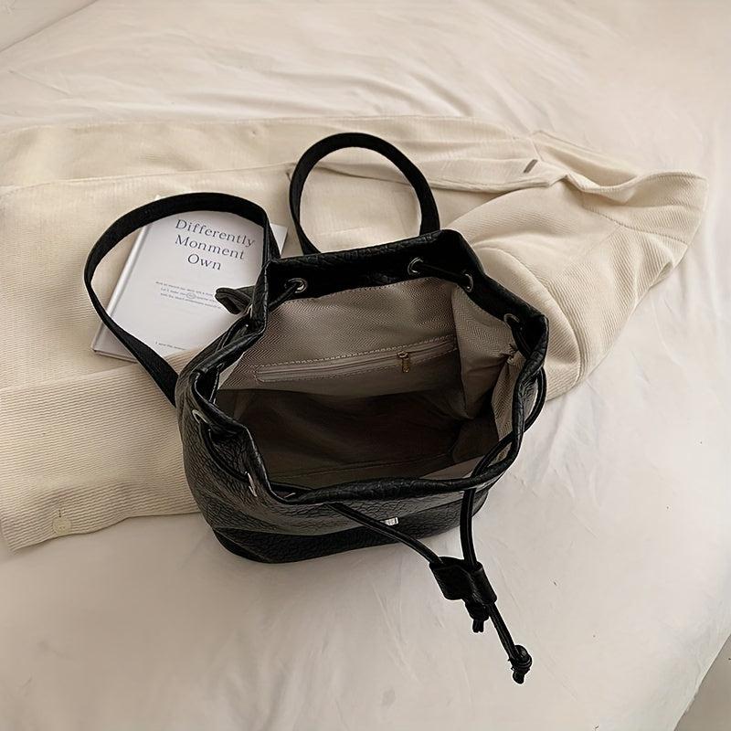 Stylish Drawstring Flap Backpack Litchi Embossed PU Leather School Bag