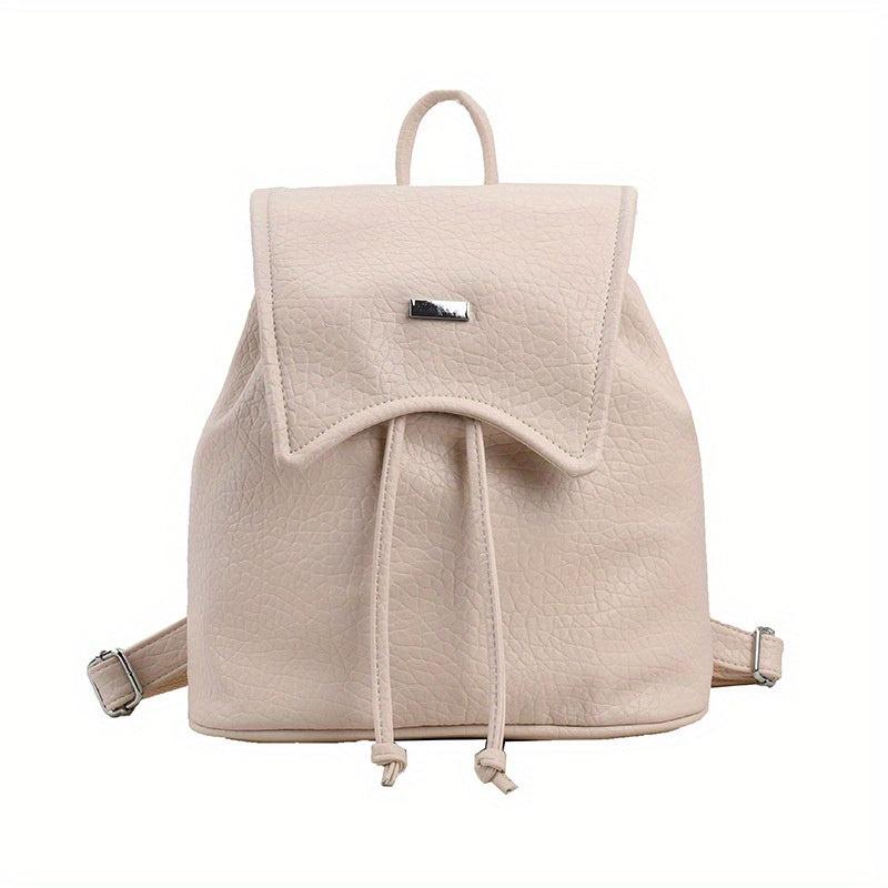 Stylish Drawstring Flap Backpack Litchi Embossed PU Leather School Bag