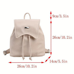 Stylish Drawstring Flap Backpack Litchi Embossed PU Leather School Bag
