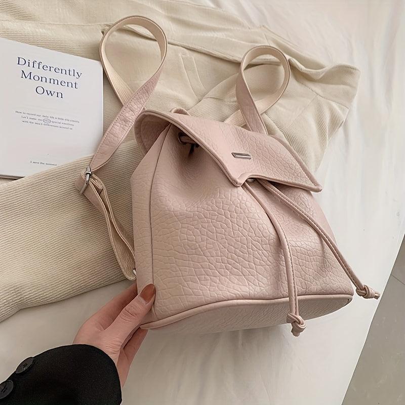 Stylish Drawstring Flap Backpack Litchi Embossed PU Leather School Bag