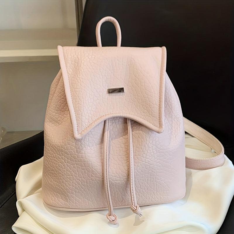 Stylish Drawstring Flap Backpack Litchi Embossed PU Leather School Bag
