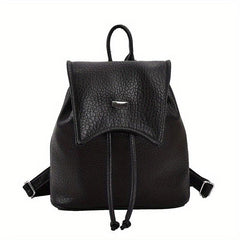 Stylish Drawstring Flap Backpack Litchi Embossed PU Leather School Bag