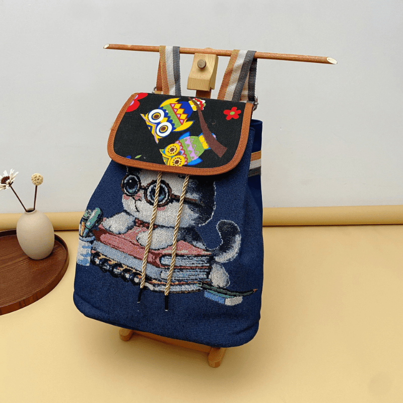 Ethnic Style Canvas Backpack Vintage Embroidery Schoolbag Drawstring Bucket Bag