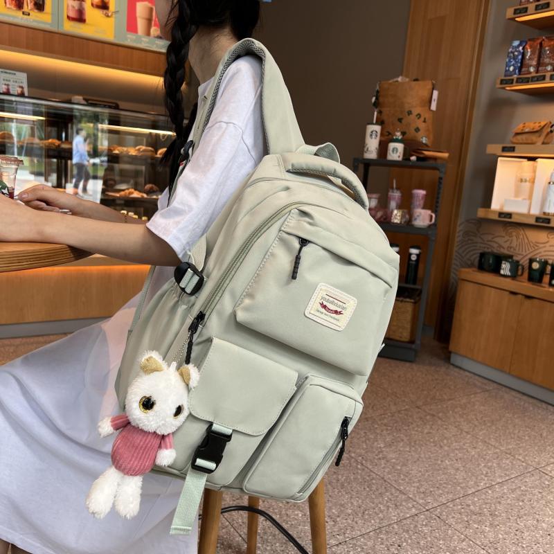 Letter Patch Decor Backpack Pockets Front School Bag