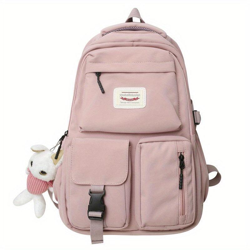 Letter Patch Decor Backpack Pockets Front School Bag