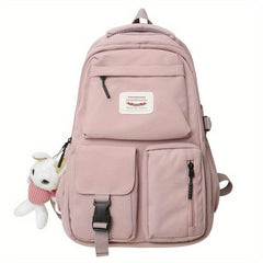 Letter Patch Decor Backpack Pockets Front School Bag