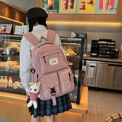 Letter Patch Decor Backpack Pockets Front School Bag