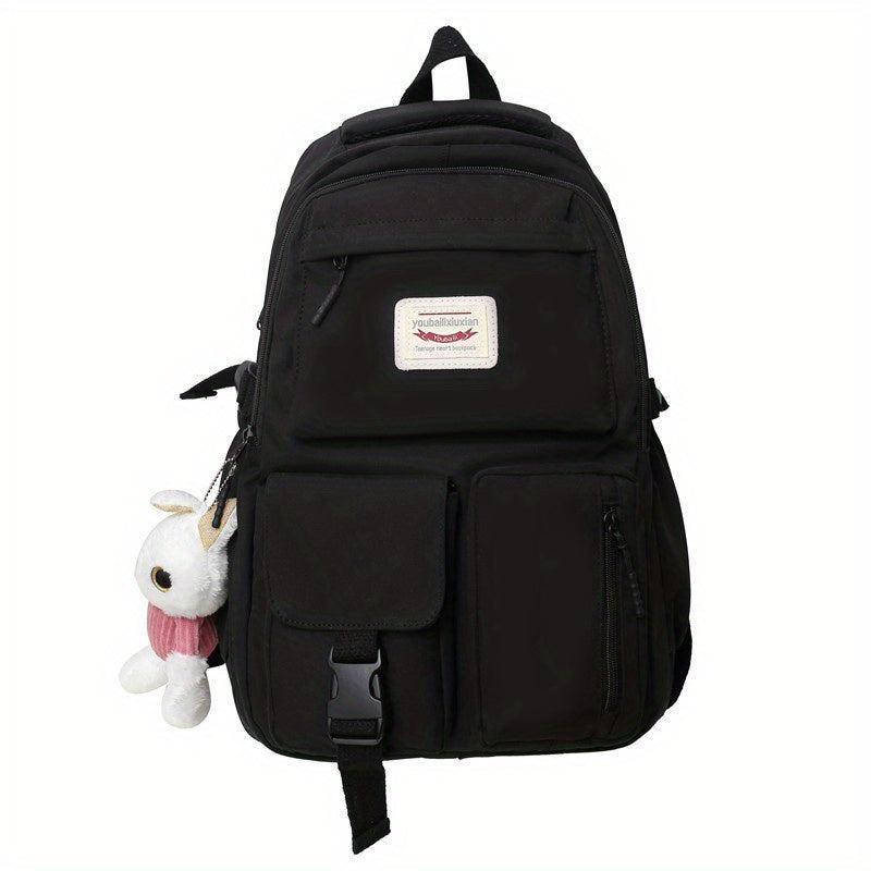 Letter Patch Decor Backpack Pockets Front School Bag