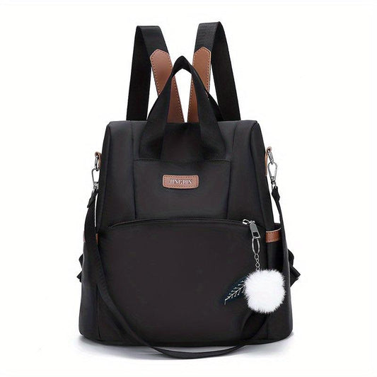 Solid Backpack With Pom Pom Pendant Nylon Large Capacity Knapsack