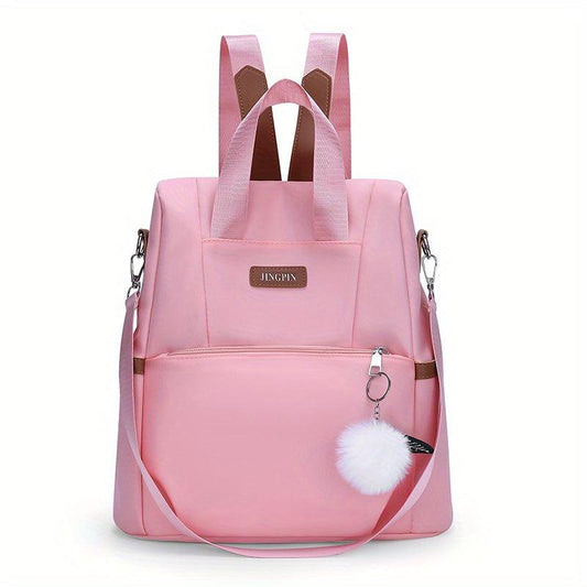 Solid Backpack With Pom Pom Pendant Nylon Large Capacity Knapsack