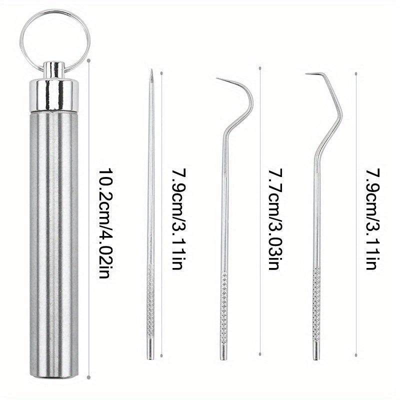 Stainless Steel Toothpick Set Dental Floss Tooth Remover Key Chain Cylinder
