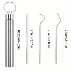 Stainless Steel Toothpick Set Dental Floss Tooth Remover Key Chain Cylinder