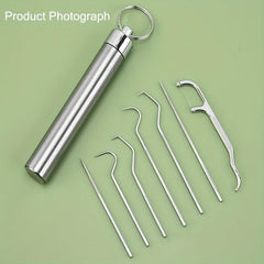 Stainless Steel Toothpick Set Dental Floss Tooth Remover Key Chain Cylinder
