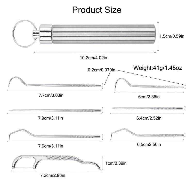 Stainless Steel Toothpick Set Dental Floss Tooth Remover Key Chain Cylinder