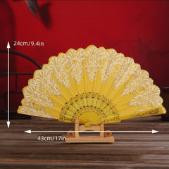 Chinese Floral Pattern Handheld Folding Fan Golden Fan Plastic Bone Portable