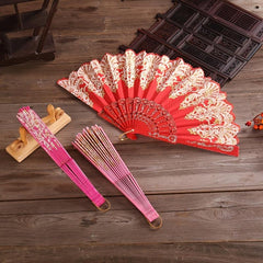 Chinese Floral Pattern Handheld Folding Fan Golden Fan Plastic Bone Portable