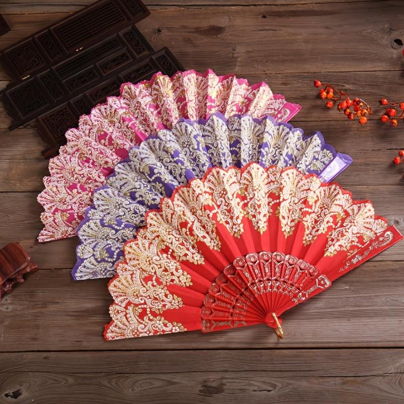 Chinese Floral Pattern Handheld Folding Fan Golden Fan Plastic Bone Portable