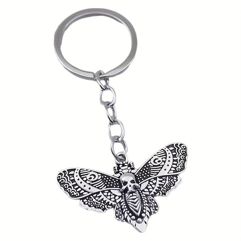 Vintage Silver Gothic Moth Keychain Skull Butterfly Rock Pendant Key Chain Gift