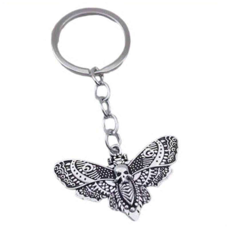 Vintage Silver Gothic Moth Keychain Skull Butterfly Rock Pendant Key Chain Gift